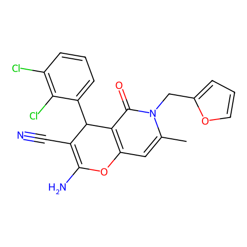 2-amino-4-(2,3-dichlorophenyl)-6-(furan-2-ylmethyl)-7-methyl-5-oxo-5,6-dihydro-4H-pyrano[3,2-c]pyridine-3-carbonitrile structure