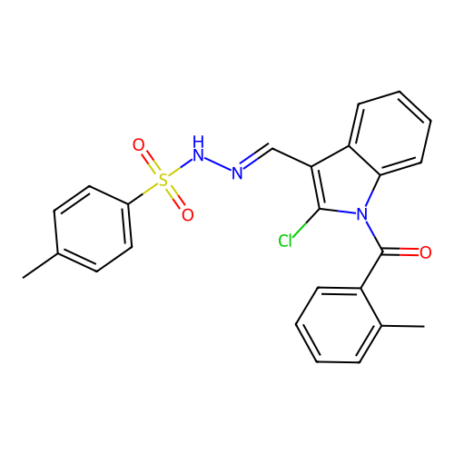 N-[(E)-[2-chloro-1-(2-methylbenzoyl)indol-3-yl]methylideneamino]-4-methylbenzenesulfonamide structure