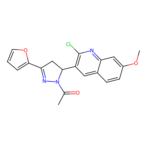 1-acetyl-5-(2-chloro-7-methoxy(3-quinolyl))-3-(2-furyl)-2-pyrazoline structure
