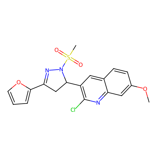 2-chloro-3-[5-(furan-2-yl)-2-methylsulfonyl-3,4-dihydropyrazol-3-yl]-7-methoxyquinoline structure