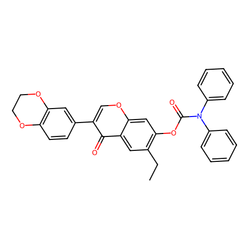 (3-(2H,3H-benzo[3,4-e]1,4-dioxan-6-yl)-6-ethyl-4-oxochromen-7-yloxy)-N,N-diben zamide structure