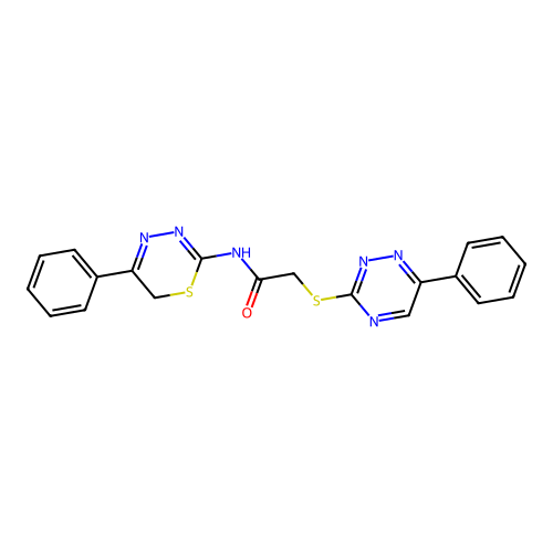 N-(5-phenyl-6H-1,3,4-thiadiazin-2-yl)-2-[(6-phenyl-1,2,4-triazin-3-yl)sulfanyl]acetamide structure