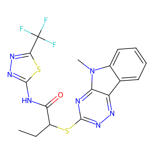 2-[(5-methyl-[1,2,4]triazino[5,6-b]indol-3-yl)sulfanyl]-N-[5-(trifluoromethyl)-1,3,4-thiadiazol-2-yl]butanamide structure