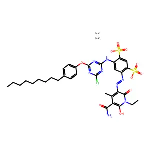 1,3-Benzenedisulfonic acid, 4-((5-(aminocarbonyl)-1-ethyl-1,6-dihydro-2-hydroxy-4-methyl-6-oxo-3-pyridinyl)azo)-6-((4-chloro-6-(4-nonylphenoxy)-1,3,5-triazin-2-yl)amino)-, disodium salt structure