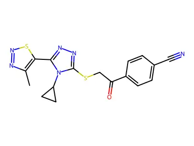 4-[2-[[4-cyclopropyl-5-(4-methylthiadiazol-5-yl)-1,2,4-triazol-3-yl]sulfanyl]acetyl]benzonitrile structure