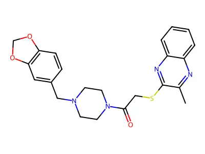 1-(4-(benzo[d][1,3]dioxol-5-ylmethyl)piperazin-1-yl)-2-((3-methylquinoxalin-2-yl)thio)ethanone structure