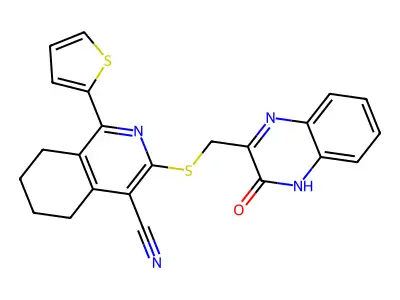 3-{[(3-oxo-3,4-dihydroquinoxalin-2-yl)methyl]sulfanyl}-1-(thiophen-2-yl)-5,6,7,8-tetrahydroisoquinoline-4-carbonitrile structure