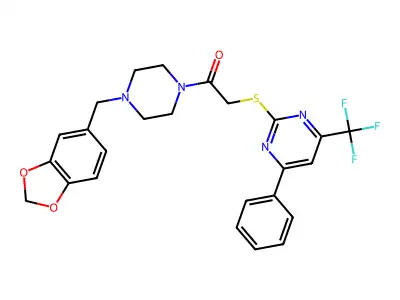1-{4-[(2H-1,3-benzodioxol-5-yl)methyl]piperazin-1-yl}-2-{[4-phenyl-6-(trifluoromethyl)pyrimidin-2-yl]sulfanyl}ethan-1-one structure