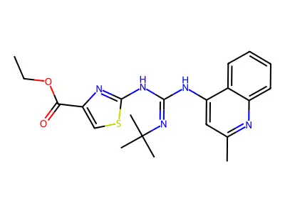 4-Thiazolecarboxylic acid, 2-((((1,1-dimethylethyl)amino)((2-methyl-4-quinolinyl)amino)methylene)amino)-, ethyl ester structure