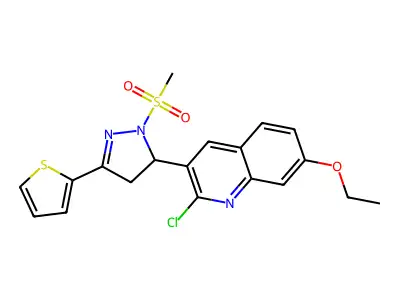 2-chloro-7-ethoxy-3-(1-(methylsulfonyl)-3-(thiophen-2-yl)-4,5-dihydro-1H-pyrazol-5-yl)quinoline structure