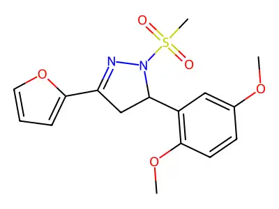 5-(2,5-dimethoxyphenyl)-3-(furan-2-yl)-1-(methylsulfonyl)-4,5-dihydro-1H-pyrazole structure