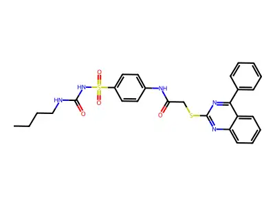 N-(4-{[(butylcarbamoyl)amino]sulfonyl}phenyl)-2-[(4-phenylquinazolin-2-yl)sulfanyl]acetamide structure
