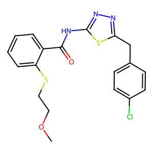 N-[5-[(4-chlorophenyl)methyl]-1,3,4-thiadiazol-2-yl]-2-(2-methoxyethylsulfanyl)benzamide structure