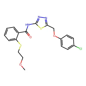 N-[5-[(4-chlorophenoxy)methyl]-1,3,4-thiadiazol-2-yl]-2-(2-methoxyethylsulfanyl)benzamide structure