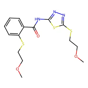 2-(2-methoxyethylsulfanyl)-N-[5-(2-methoxyethylsulfanyl)-1,3,4-thiadiazol-2-yl]benzamide structure