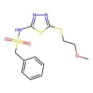 N-[5-(2-methoxyethylsulfanyl)-1,3,4-thiadiazol-2-yl]-1-phenylmethanesulfonamide structure