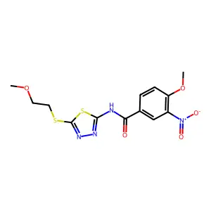 4-methoxy-N-[5-(2-methoxyethylsulfanyl)-1,3,4-thiadiazol-2-yl]-3-nitrobenzamide structure