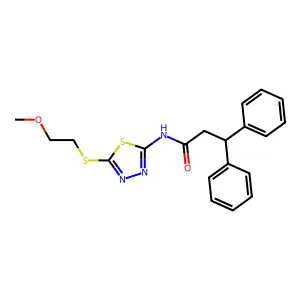 N-[5-(2-methoxyethylsulfanyl)-1,3,4-thiadiazol-2-yl]-3,3-diphenylpropanamide structure