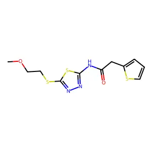 N-[5-(2-methoxyethylsulfanyl)-1,3,4-thiadiazol-2-yl]-2-thiophen-2-ylacetamide structure