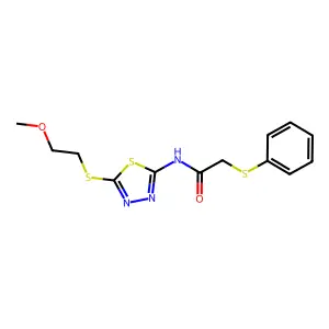 N-[5-(2-methoxyethylsulfanyl)-1,3,4-thiadiazol-2-yl]-2-phenylsulfanylacetamide structure