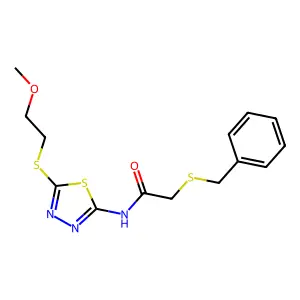 2-benzylsulfanyl-N-[5-(2-methoxyethylsulfanyl)-1,3,4-thiadiazol-2-yl]acetamide structure