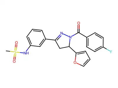 N-[3-[2-(4-fluorobenzoyl)-3-(furan-2-yl)-3,4-dihydropyrazol-5-yl]phenyl]methanesulfonamide structure