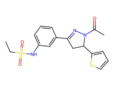 N-[3-(2-acetyl-3-thiophen-2-yl-3,4-dihydropyrazol-5-yl)phenyl]ethanesulfonamide structure