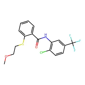 N-[2-chloro-5-(trifluoromethyl)phenyl]-2-(2-methoxyethylsulfanyl)benzamide structure