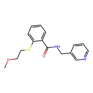 2-(2-methoxyethylsulfanyl)-N-(pyridin-3-ylmethyl)benzamide structure