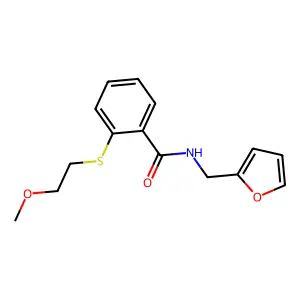 N-(furan-2-ylmethyl)-2-(2-methoxyethylsulfanyl)benzamide structure