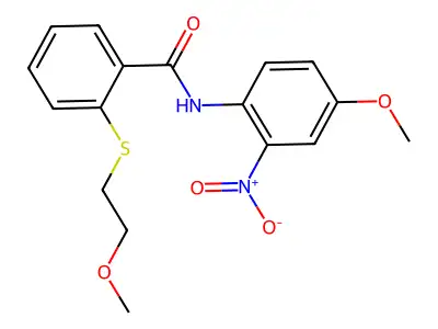 2-(2-methoxyethylsulfanyl)-N-(4-methoxy-2-nitrophenyl)benzamide structure
