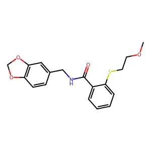 N-(1,3-benzodioxol-5-ylmethyl)-2-(2-methoxyethylsulfanyl)benzamide structure