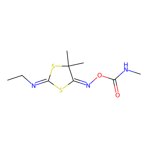 5,5-Dimethyl-2-(ethylimino)-1,3-dithiolan-4-one O-((methylamino)carbonyl)oxime structure