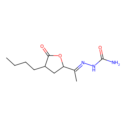 (2E)-2-[1-(4-butyl-5-oxotetrahydrofuran-2-yl)ethylidene]hydrazinecarboxamide structure