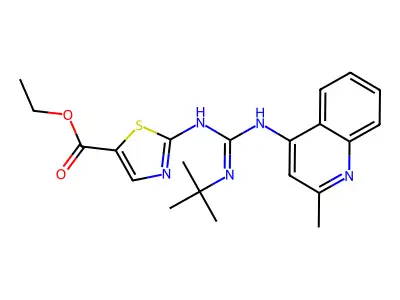 5-Thiazolecarboxylic acid, 2-((((1,1-dimethylethyl)amino)((2-methyl-4-quinolinyl)amino)methylene)amino)-, ethyl ester structure