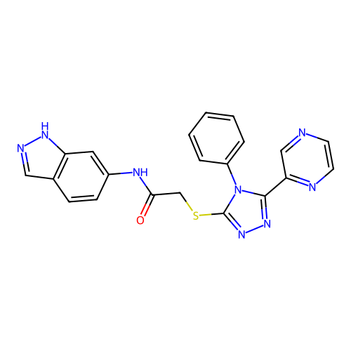 N-(1H-indazol-6-yl)-2-[(4-phenyl-5-pyrazin-2-yl-1,2,4-triazol-3-yl)sulfanyl]acetamide structure