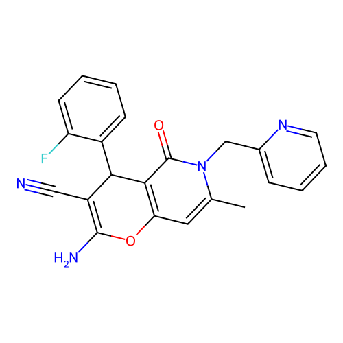 2-amino-4-(2-fluorophenyl)-7-methyl-5-oxo-6-(pyridin-2-ylmethyl)-5,6-dihydro-4H-pyrano[3,2-c]pyridine-3-carbonitrile structure