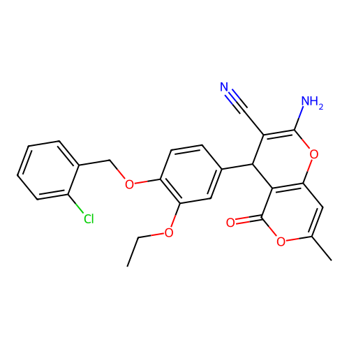2-amino-4-{4-[(2-chlorobenzyl)oxy]-3-ethoxyphenyl}-7-methyl-5-oxo-4H,5H-pyrano[4,3-b]pyran-3-carbonitrile structure