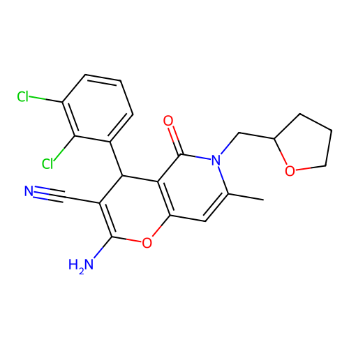 2-amino-4-(2,3-dichlorophenyl)-7-methyl-5-oxo-6-(tetrahydrofuran-2-ylmethyl)-5,6-dihydro-4H-pyrano[3,2-c]pyridine-3-carbonitrile structure