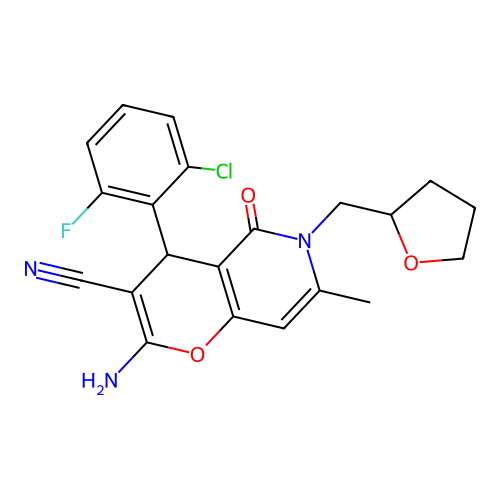2-amino-4-(2-chloro-6-fluorophenyl)-7-methyl-5-oxo-6-(tetrahydrofuran-2-ylmethyl)-5,6-dihydro-4H-pyrano[3,2-c]pyridine-3-carbonitrile structure