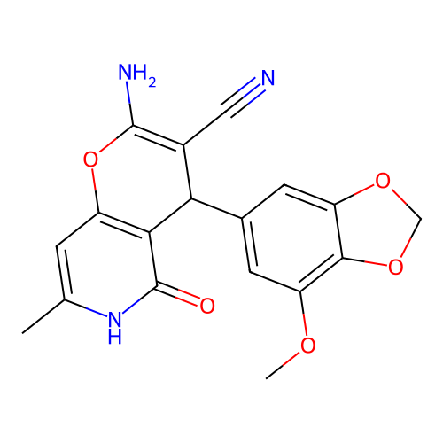 2-amino-4-(7-methoxy-1,3-benzodioxol-5-yl)-7-methyl-5-oxo-5,6-dihydro-4H-pyrano[3,2-c]pyridine-3-carbonitrile structure