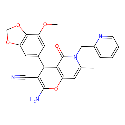2-amino-4-(7-methoxy(2H-benzo[3,4-d]1,3-dioxolan-5-yl))-7-methyl-5-oxo-6-(2-py ridylmethyl)-6-hydro-4H-pyrano[3,2-c]pyridine-3-carbonitrile structure