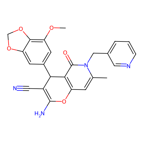 2-amino-4-(7-methoxy-1,3-benzodioxol-5-yl)-7-methyl-5-oxo-6-(pyridin-3-ylmethyl)-5,6-dihydro-4H-pyrano[3,2-c]pyridine-3-carbonitrile structure