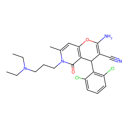 2-amino-4-(2,6-dichlorophenyl)-6-[3-(diethylamino)propyl]-7-methyl-5-oxo-5,6-dihydro-4H-pyrano[3,2-c]pyridine-3-carbonitrile structure