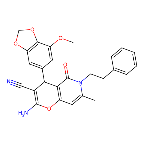 2-amino-4-(7-methoxybenzo[d][1,3]dioxol-5-yl)-7-methyl-5-oxo-6-phenethyl-5,6-dihydro-4H-pyrano[3,2-c]pyridine-3-carbonitrile structure