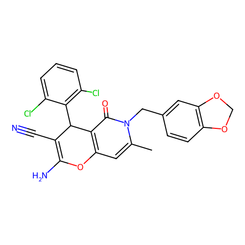2-amino-6-(1,3-benzodioxol-5-ylmethyl)-4-(2,6-dichlorophenyl)-7-methyl-5-oxo-5,6-dihydro-4H-pyrano[3,2-c]pyridine-3-carbonitrile structure