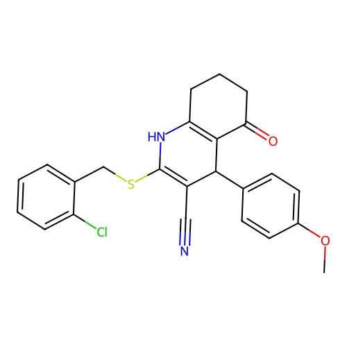 2-((2-chlorobenzyl)thio)-4-(4-methoxyphenyl)-5-oxo-1,4,5,6,7,8-hexahydroquinoline-3-carbonitrile structure