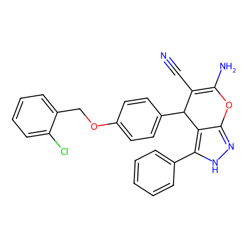 6-amino-4-(4-((2-chlorobenzyl)oxy)phenyl)-3-phenyl-1,4-dihydropyrano[2,3-c]pyrazole-5-carbonitrile structure