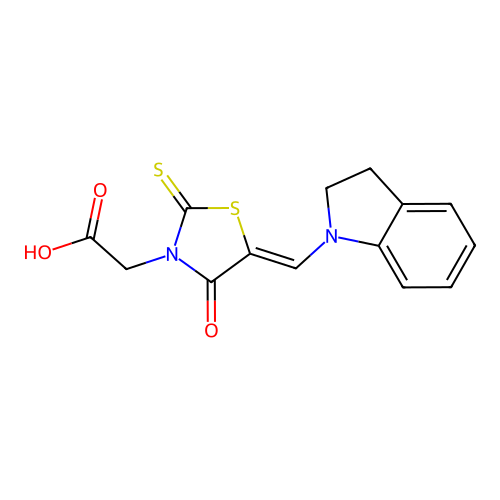 (Z)-2-(5-(indolin-1-ylmethylene)-4-oxo-2-thioxothiazolidin-3-yl)acetic acid structure