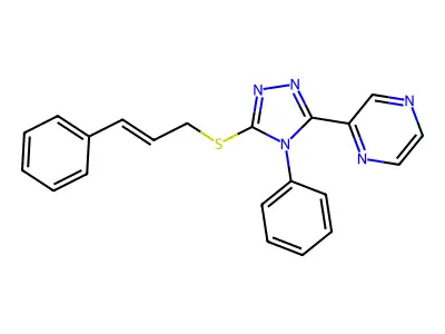 2-[4-phenyl-5-[(E)-3-phenylprop-2-enyl]sulfanyl-1,2,4-triazol-3-yl]pyrazine structure